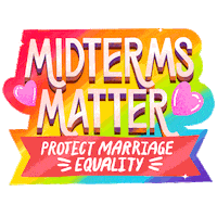 Digital art gif. Statuesque 3D lettering matted by glittering rainbow brushstrokes, surrounded by flexing hearts and action marks. Text, "Midterms matter, protect marriage equality."