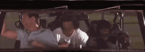 Movie gif. Allen Covert as Alex and Peter Dante as Dante ride in a van laughing hysterically as a chimpanzee wildly drives the van.