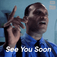 Sponsored gif. Man points at someone out of view and says, “See you soon.” In the upper right corner is the AMC Fear Fest logo. Text also reads, “See you soon.” 