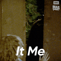 Sponsored gif. Woman pushes a set of double doors open to reveal Jason Voorhees from Friday the 13th waiting on the other side. In the upper right corner is the AMC Fear Fest logo. Text reads, “It me!”