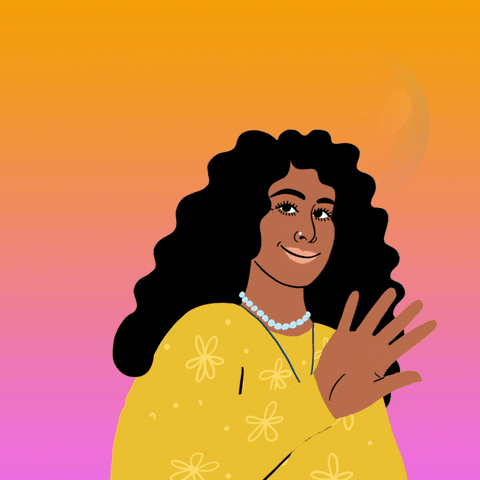 Digital art gif. Woman with big wavy, black hair, wearing a yellow floral shirt and a Star of David on a pink-and-orange background, waves broad, appearing a big blue bubble that sparkles and reads "hello."
