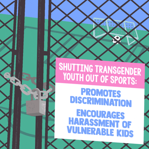 Illustrated gif. Closeup of pastel pink and blue sign on a locked fence outside a soccer field as it flaps in the wind. Text on sign, "Shutting transgender youth out of sports: Promotes discrimination. Encourages harassment of vulnerable kids."