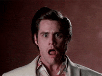 Movie gif. Freaking out, Jim Carrey as Ace Ventura screams wildly as his eyebrows dance around.