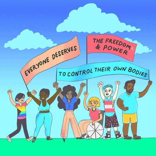Digital art gif. Group of five people of different gender and races, one in a wheelchair, stand proudly together, arms raised, against a sunny blue sky. They hold colorful banners reading, "Everyone deserves the freedom and power to control their own bodies."