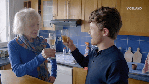 cheers drinking GIF by GAYCATION with Ellen Page and Ian Daniel