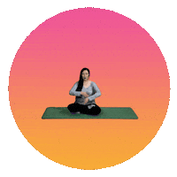 Sticker gif. Young woman breathing into a meditation pose on a green yoga mat, surrounded by a pink to orange gradient circle, doodles of plants and flowers coming to life all around her with a message in stylized feminine lettering and action marks. Text, 'Good morning, Take it easy, On yourself.'