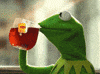 Muppets gif. Kermit the Frog sips a cup of tea then we cut to him in a robe watering some flowers as he gazes toward us. Text, "But that's. None of my business."