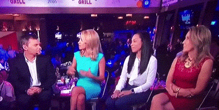 Political gif. Four commentators are sitting together discussing the 2016 election and Angela Rye widens her eyes, as she's boggled by the discussion and looks to the side.