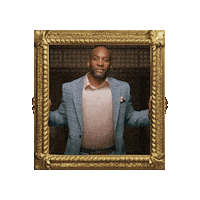 Sponsored sticker gif. Gold-framed portrait of Traitors cast member Jeremy Collins pulses forward and back.