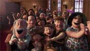 Cartoon gif. Cheerful people fill wooden benches as they applaud and celebrate excitedly. 