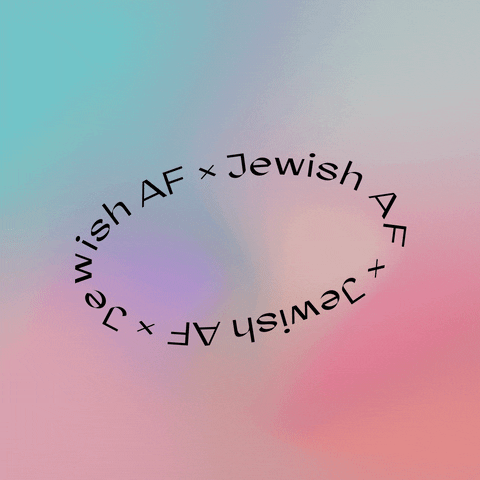 Text gif. Floating ring of words spinning on a watercolor tie-dye background. Text, "Jewish AF."