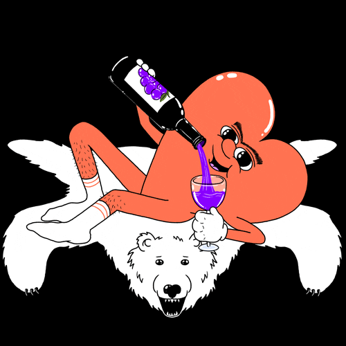 Illustrated gif. Orange heart wearing white tube socks and lying seductively on a white bear-skin rug while pouring wine into a glass.