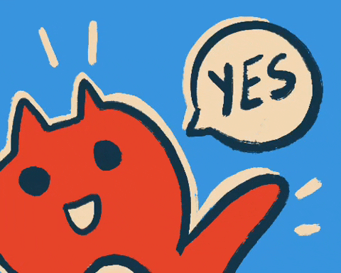Cartoon gif. A long cat with its little arms up and a big smile pops up around the screen with action lines and a speech balloon that says, "Yes."