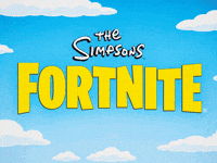Sponsored gif. The Simpsons and Fortnite logos in front of the clouds and sky from the Simpsons opening credits. Bart Simpson appears in a Fornite-style mech suit and uses purple spray paint to change the O in the Fortnite logo to an A, making it read "Fartnite."