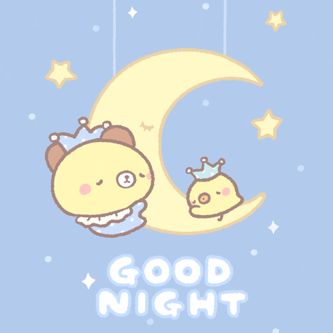 Digital art gif. A little bear and little yellow bird, both in pajamas, cling to a crescent moon, asleep, as stars twirl in the night sky. Text, “Good night”