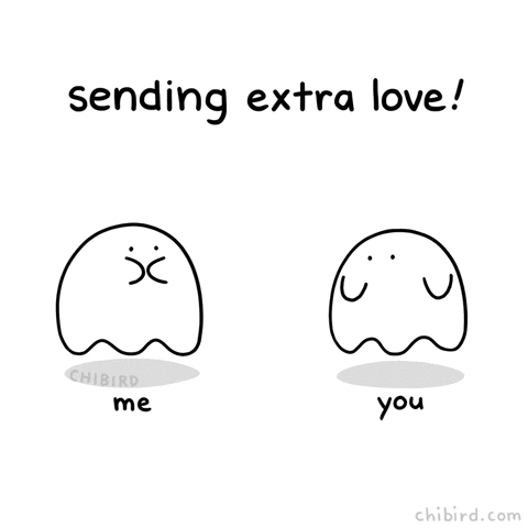 Illustrated gif. Two cartoon ghosts, one labeled "me" throwing a ghostly heart-shaped balloon to the other, labeled "you." Text, "Sending extra love!"