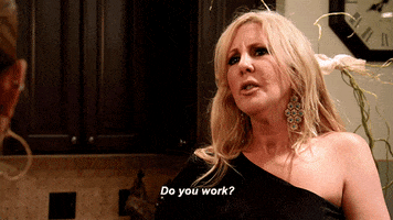 Reality TV gif. Vicki Gunvalson from Real Housewives of Orange County stares at someone and asks them, "Do you work?"