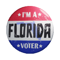 Digital art gif. Round red, white, and blue button featuring the shape of Florida spins over a transparent background. Text, “I’m a Florida voter.”