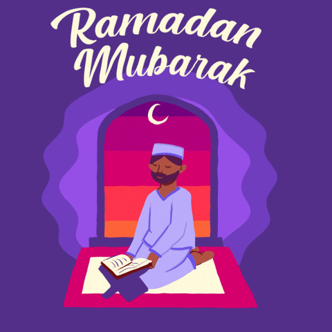 Digital art gif. Illustration of a Muslim man kneeled on the ground in front of a window with a book on his lap, his eyes closed in prayer as the moon shines through the window. Text, "Ramadan Mubarak."