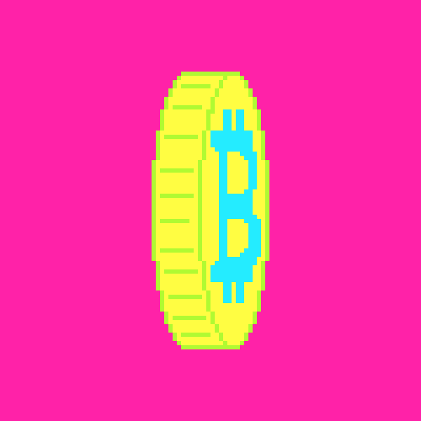 Illustrated gif. Pixelated yellow coin with blue Bitcoin logo spins around a vertical axis on top of a hot pink background.