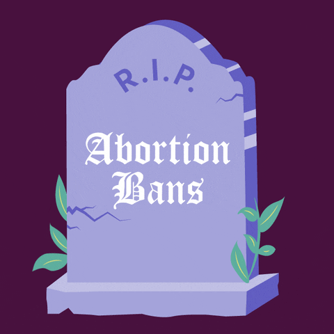 Digital art gif. Twinkling periwinkle headstone with small leaves gently waving on an eggplant purple background. Text, "RIP abortion bans."