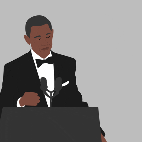 Digital art gif. Barack Obama stands up at a podium and holds two fingers on his mouth. He then lifts a microphone up and drops it.