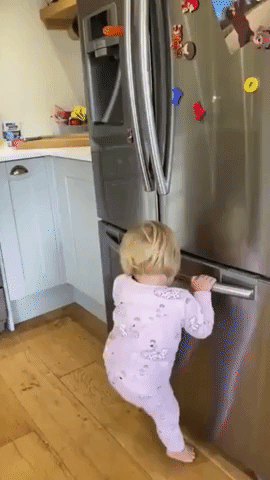 Olympic-Inspired Toddler Tries to Speed Climb up Refrigerator