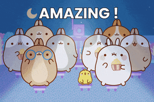Kawaii gif. A cluster of bunnies and one little chick watch a movie behind us as a projector glows in the background. They startle suddenly and a bunny in front drops a cup of popcorn.