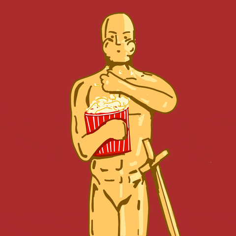 Illustrated gif. An animated drawing of the gold Academy Award statue holds a bucket of popcorn and crams large mouthfuls in his mouth. Text pops up on the red background, "Nom nom nom nom."