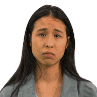 Video gif. Woman looks at us with a pout as milky cartoon tears pool in her eyes and drip down her cheeks in front of a transparent background.