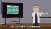 South Park gif. Scientist stands in front of a projector screen displaying a presentation that is labeled “USDA Department of Agriculture.” He says, “Position on a healthy diet. There’s been a lot of confusion about gluten lately – people,” as the display changes to a “Gluten Breakdown” chart flowchart.