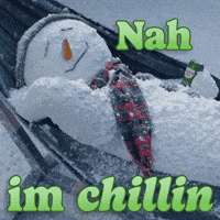 Sponsored gif. A snowman drinking a Canada Dry ginger ale in a snow covered hammock, rocking gently. Text: "Nah, I'm chillin"