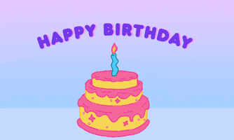 Digital compilation gif. Golden Labrador wears a pink party hat on its head as it pops up out of an animated pink and yellow cake. ITs birthday hat pushes up the text "Happy birthday!" as confetti falls against a pastel blue and purple gradient background. 