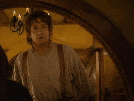 Movie gif. Martin Freeman as Bilbo in The Hobbit. He approaches us with wide eyes and points at someone while raising his eyebrows and shrugging, agreeing with what they're saying.