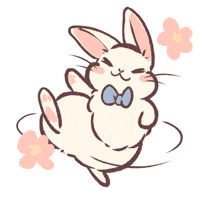 Kawaii gif. Happy bunny with a little bow around its neck, dancing gracefully around in circles, pink flowers undulating in time around them.