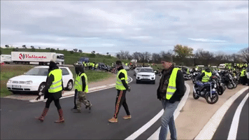 Motorcycle Riding 'Yellow Vests' Blockade Toll Booth Near French Border with Spain