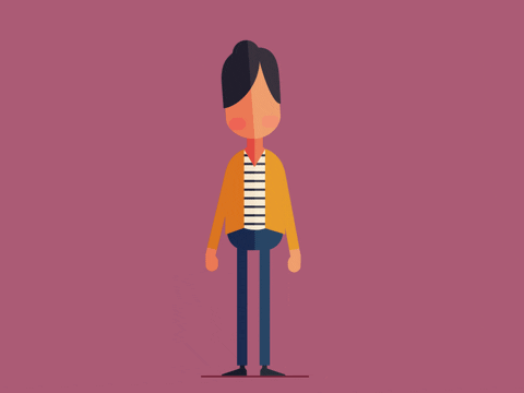 Cartoon gif. Faceless woman with a jet black bun, striped shirt, orange vest, and jeans waves to the right before turning away and facing us again.
