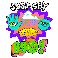 Text gif. Scene of neon 80s prints and surreal imagery, a raincloud, lightning and stars, yellow lips opening and closing, two turquoise hands eyes on the palms and flowers for irises open and close like eyelids. Text, "Just say no!"