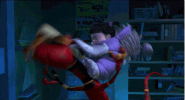 Disney gif. Boo in Monsters, Inc. jumps on a monster, hitting him with a baseball bat. Every time she hits him, he changes colors.