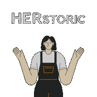 Text gif. Illustrated woman standing beneath the text "herstory" raises her arms, which transforms the text to "energy rebates," a light bulb shining bright over her head, cash raining from the sky.