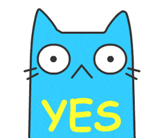 Illustrated gif. A blue cat nods rhythmically. Text, "Yes."
