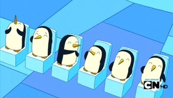 Cartoon gif. Ice King's penguins from adventure time sit in ice chairs in a row. They all clap happily. 