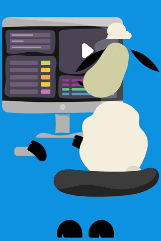 a sheep character sitting on an office chair working on a video on its computer with its ears flapping up and down