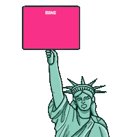 Digital art gif. Illustration of the Statue of Liberty holds a pink sign in place of her torch. The sign reads, "Bans off our bodies," and she appears to be mouthing the phrase.