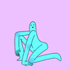 Cartoon gif. A casual-looking blue man looks at us while crouched on one knee. A large hand comes out of their mouth and gives a thumbs up.
