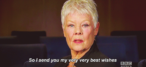 Celebrity gif. Judi Dench is on BBC and she looks at us straight in the eye as she says, "And so I send you my very very best wishes," before closing her mouth and looking at us seriously once more.