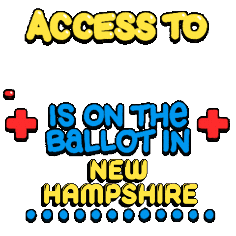 Text gif. Colorful bubble text flanked by pulsating red medical plus signs against a transparent background reads, “Access to healthcare is on the ballot in New Hampshire.” The word “healthcare” moves across the screen in the same zigzag manner as an electrocardiogram machine. A line of blue dots marches across the bottom.