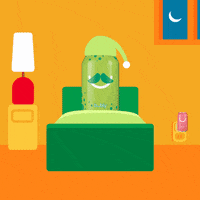Ad gif. A green Bubly can has a mustache and a nightcap on as it sits in bed. It turns off the lamp next to it and the room goes dark. The only thing lighting the room is a pink Bubly night light plugged in the wall.Text, “Nighty night!”. 