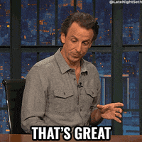 TV gif. Seth Meyers as host of Late Night sits behind his desk and pretends to drink a large mug of beer. "That's great," he says.