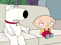Family Guy gif. Brian and Stewie from Family Guy sit on a couch. Brian says something and then stares blankly. Stewie's eyes widen as Brian speaks and then he slowly turns his head up at him in a judging manner.